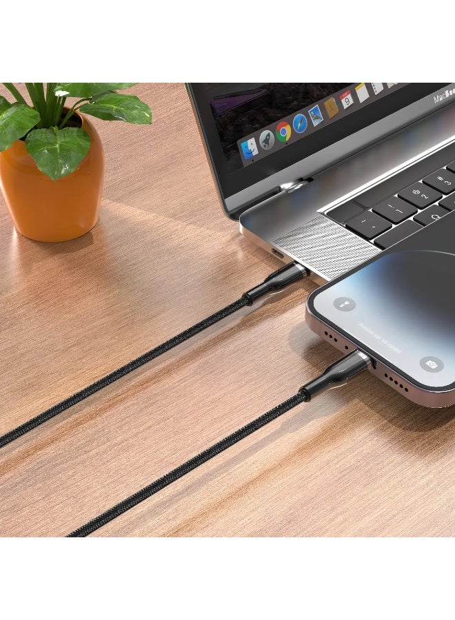 جرين ليون كابل USB من النوع C إلى Lightning بطول 1 متر، بقوة 27 واط، مصنوع من سبائك الزنك المضفرة، تصميم مضفر مقاوم للتشابك، مثالي للشحن السريع والمزامنة، سرعة نقل بيانات تصل إلى 480 ميجابت في الثانية، متوافق مع سلسلة iPhone X و11 و12 و13 و14 - أسود - Image 2