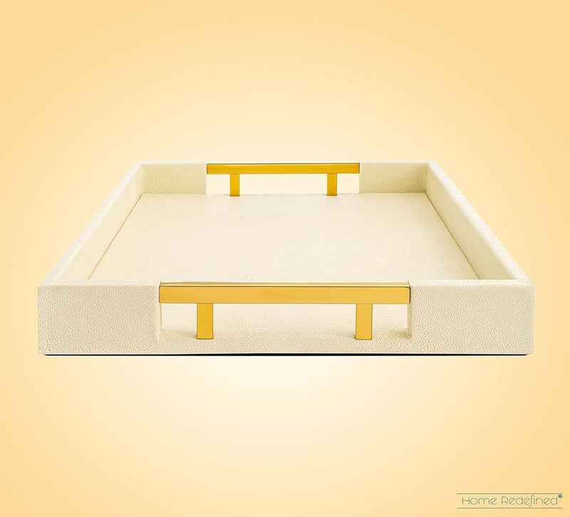 Home Redefined Modern Elegant 18"x12" Rectangle Cream Glossy Shagreen Decorative Ottoman Coffee Table Perfume Living Room Kitchen Serving Tray with Gold Polished Metal Handles for All Occasion's - Image 4
