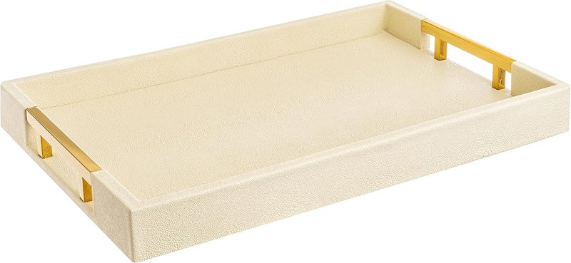 Home Redefined Modern Elegant 18"x12" Rectangle Cream Glossy Shagreen Decorative Ottoman Coffee Table Perfume Living Room Kitchen Serving Tray with Gold Polished Metal Handles for All Occasion's - Image 1