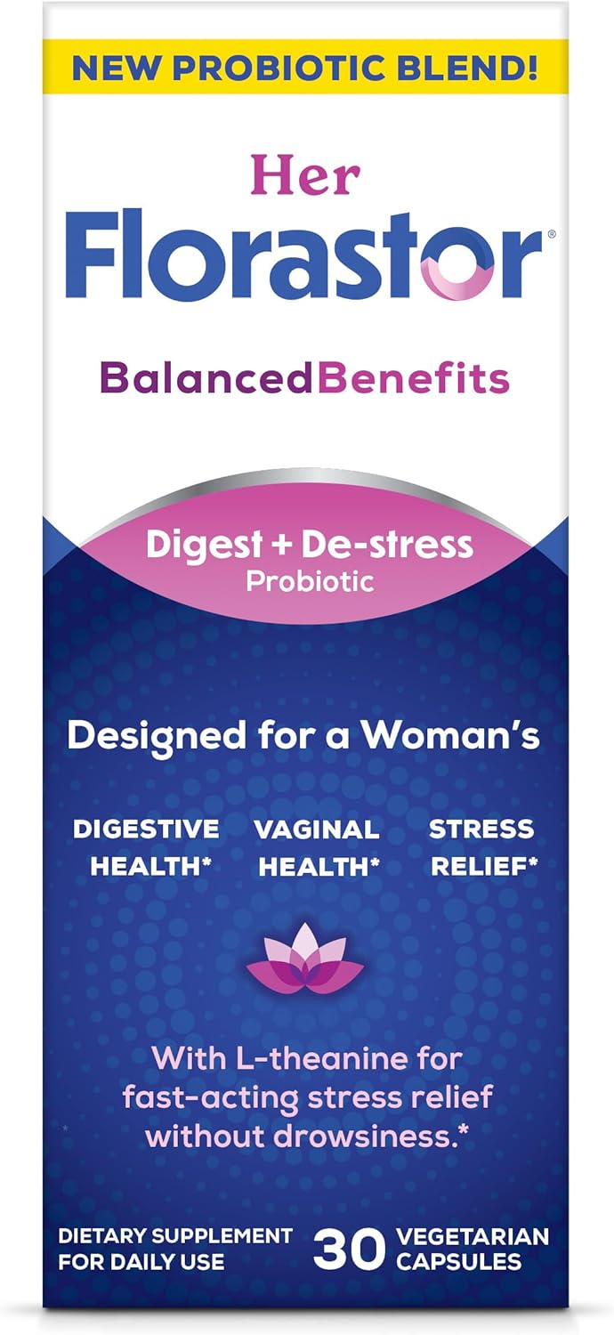 Florastor Her Digest and DeStress Womens Probiotic and Stress Relief Supplement Probiotics for Digestive Health Vaginal Probiotics and LTheanine for Mind and Body Wellness 30 Capsules - Image 1