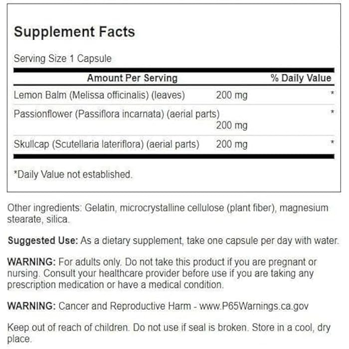 Swanson Lemon Balm Passion Flower Skullcap Complex 180 Capsules - Image 2
