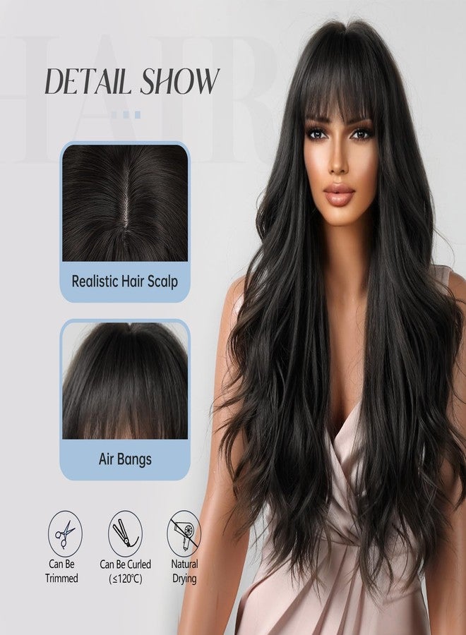 Allbell Long Black Wigs for Women Curly Synthetic Wig with Bangs Body Wave Natural Looking Heat Resistant Fiber Fake Hair for Daily Use - Image 3