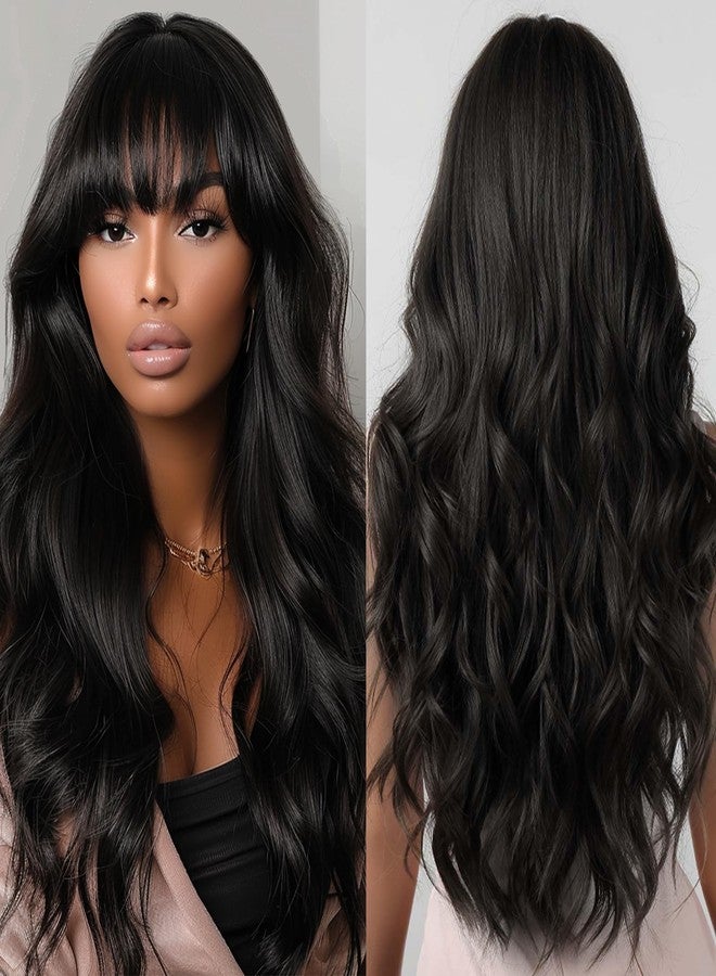 Allbell Long Black Wigs for Women Curly Synthetic Wig with Bangs Body Wave Natural Looking Heat Resistant Fiber Fake Hair for Daily Use - Image 1