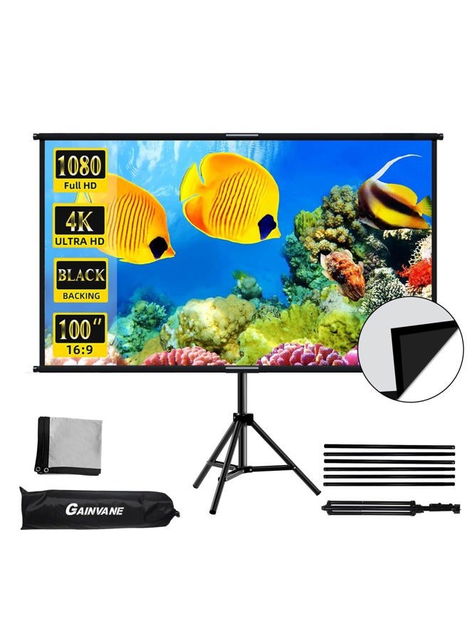 GAINVANE Projector Screen with Stand 100 inch,Indoor Outdoor Projection Screen with Black Backing,16:9 HD Premium Wrinkle-Free Tripod Stand Screen for Projector with Storage Bag - Image 1