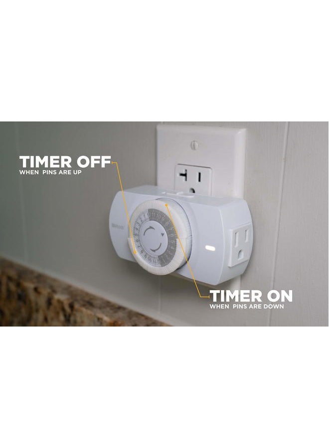 Woods 50104WD Indoor 24-Hour Heavy Duty Mechanical Timer with Nightlight, 2 Grounded Outlets, White - Image 2