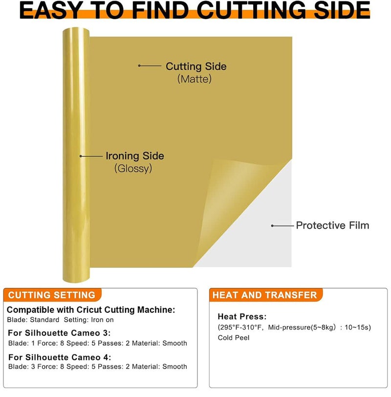 HTVRONT HTV Heat Transfer Vinyl Roll- 12" x 8ft Gold HTV Vinyl for Shirts, Gold Iron on Vinyl for All Cutting Machine - Easy to Cut & Weed for Heat Transfer Design - Image 5