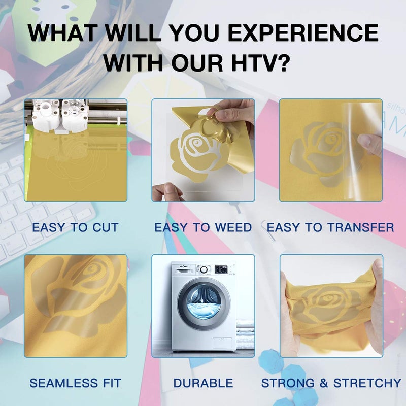 HTVRONT HTV Heat Transfer Vinyl Roll- 12" x 8ft Gold HTV Vinyl for Shirts, Gold Iron on Vinyl for All Cutting Machine - Easy to Cut & Weed for Heat Transfer Design - Image 3