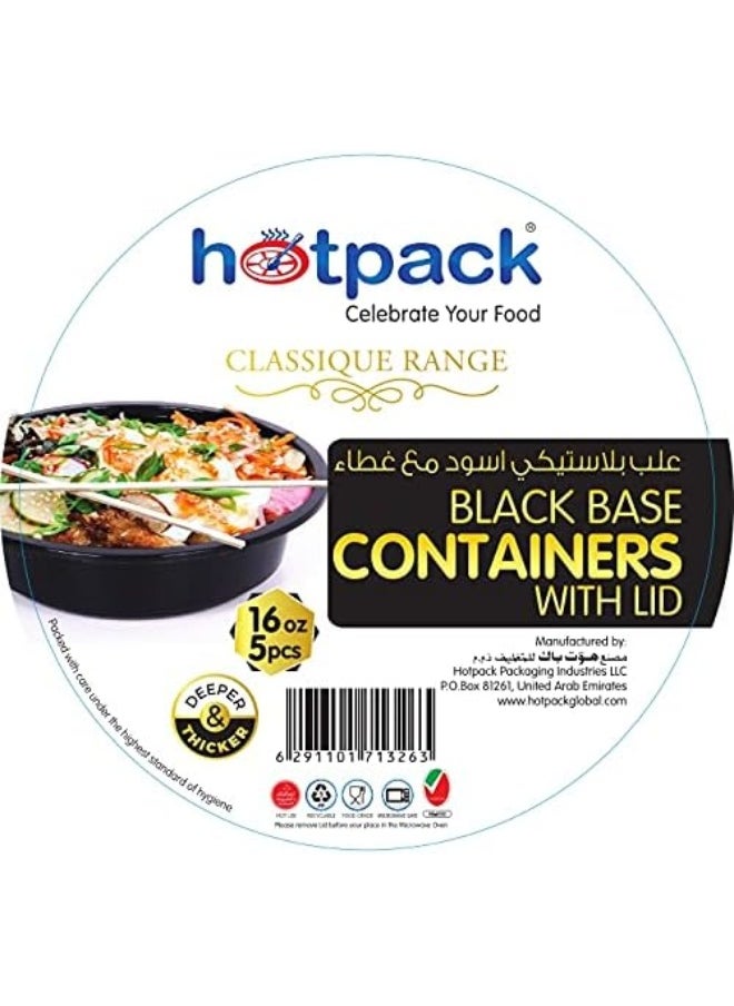 Hotpack - Hotpack Disposable Microwaveable Round Black Base Meal Prep Container with Clear Lid, Lunch Boxes 16 ounce, 5 Pieces - Image 1