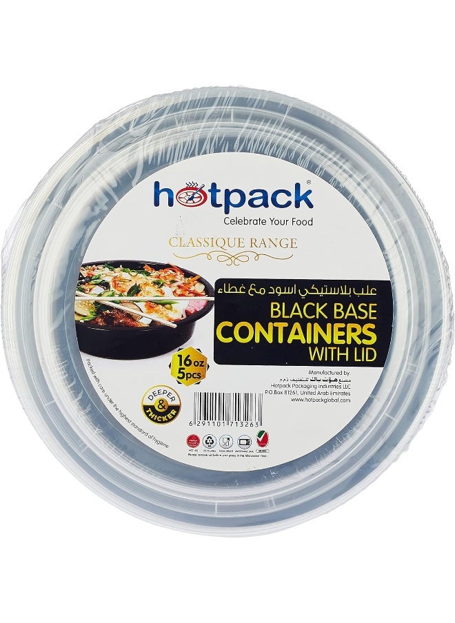 Hotpack - Hotpack Disposable Microwaveable Round Black Base Meal Prep Container with Clear Lid, Lunch Boxes 16 ounce, 5 Pieces - Image 1