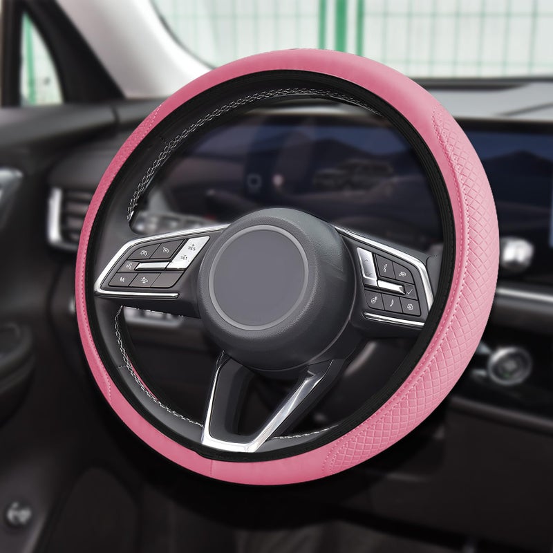 Tecledsn Car Steering Wheel Cover Universal 14515 Inch Pink Leather Steering Wheel Wrap with Better Sport Grip for Men Women AntiSlip Breathable Car Interior Accessories for Most Vehicles Pink2 - Image 3