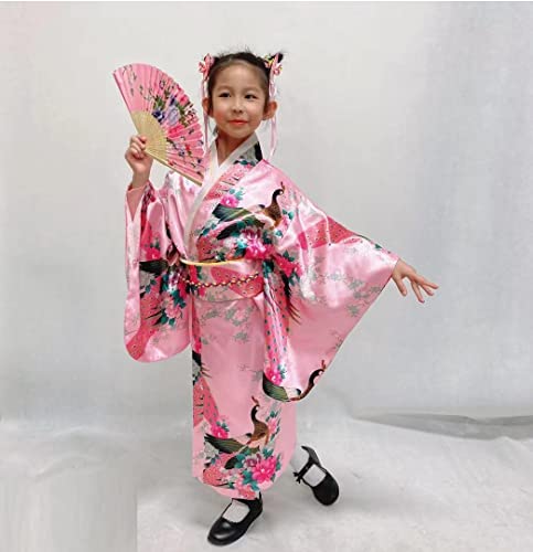 Elibelle Japanese Traditional Dress Kimono Robe for Kids Girls Costume Silk Folding Fans hairstick Set(Pink130cm) - Image 3