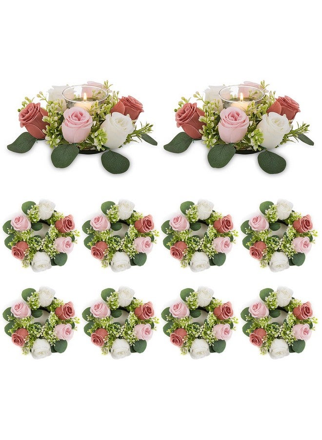 NUPTIO Flower Wedding Centerpieces For Tables - 10 Pcs 2.9 Inch Inner Diam Small Dusty Rose & White Artificial Flowers Fake Roses Candle Rings Wreaths Spring Summer Wreath For Front Door - Image 1