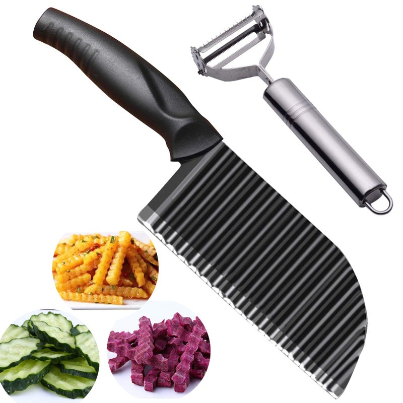 Upgraded Potato Crinkle Cutter Stainless Steel Waffle Fly Cutter with a Julienne Peeler Wavy Vegetable Slicer Kitchen Chopper Knife for Baby Food veggie Salad Carrots French Fries Black by Jonbyi