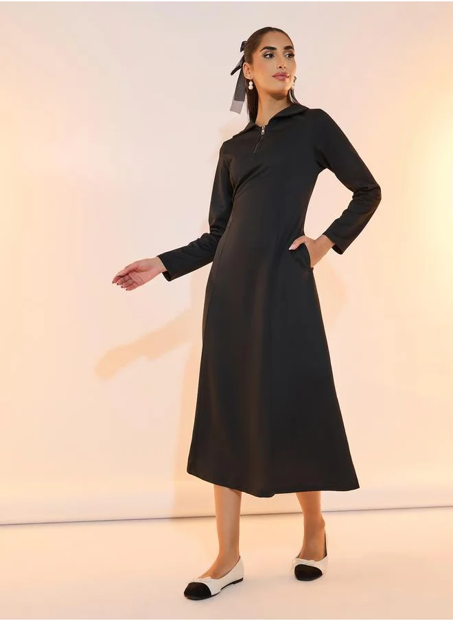 Take Two Half Zip Placket Collared A-Line Midi Dress