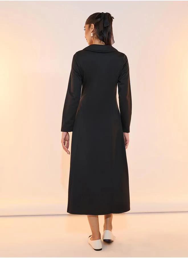 Take Two Half Zip Placket Collared A-Line Midi Dress