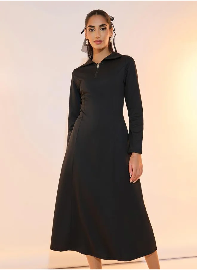 Take Two Half Zip Placket Collared A-Line Midi Dress