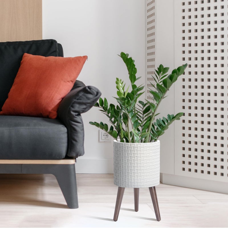 D'vine Dev 10 Inch Modern Geometric Tile Patterned Sleek Planter Pot with Stand, Indoor Outdoor Decorative Plant Holder, Matte White, 88-Z-B-1 - Image 5
