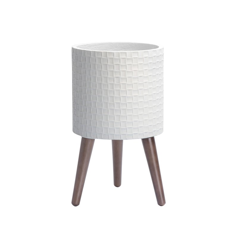 D'vine Dev 10 Inch Modern Geometric Tile Patterned Sleek Planter Pot with Stand, Indoor Outdoor Decorative Plant Holder, Matte White, 88-Z-B-1 - Image 1
