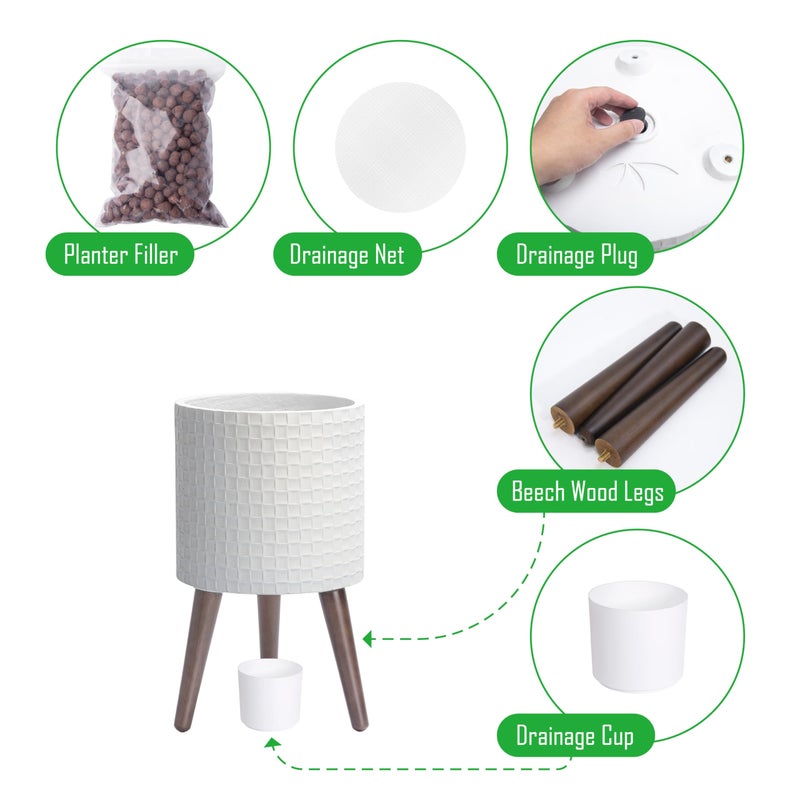 D'vine Dev 10 Inch Modern Geometric Tile Patterned Sleek Planter Pot with Stand, Indoor Outdoor Decorative Plant Holder, Matte White, 88-Z-B-1 - Image 4