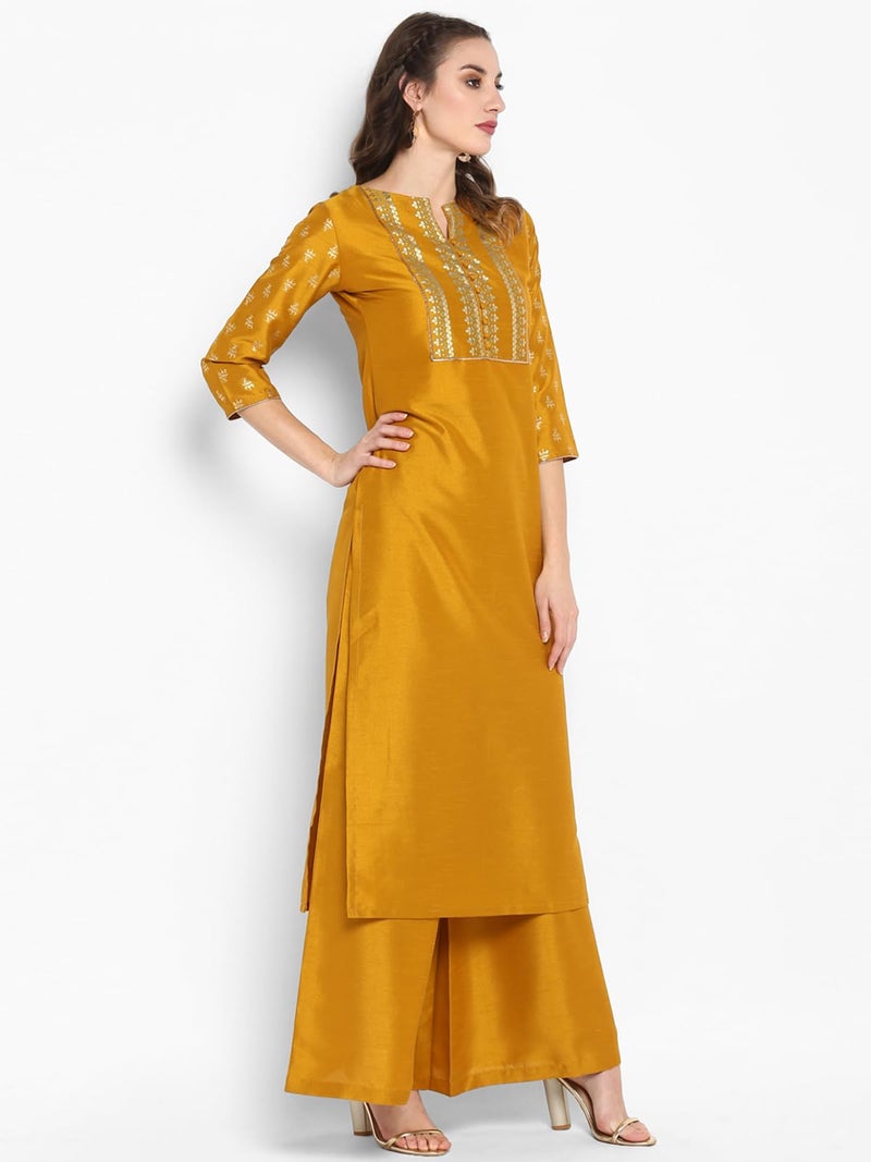 Janasya Women's Mustard Silk Blend Foil Printed Kurta with Palazzo(J0003-SET-M-J) - Image 3