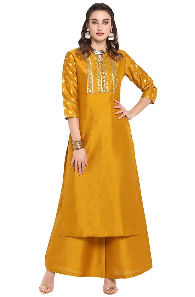 Janasya Women's Mustard Silk Blend Foil Printed Kurta with Palazzo(J0003-SET-M-J) - Image 1