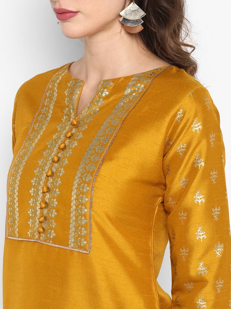 Janasya Women's Mustard Silk Blend Foil Printed Kurta with Palazzo(J0003-SET-M-J) - Image 5