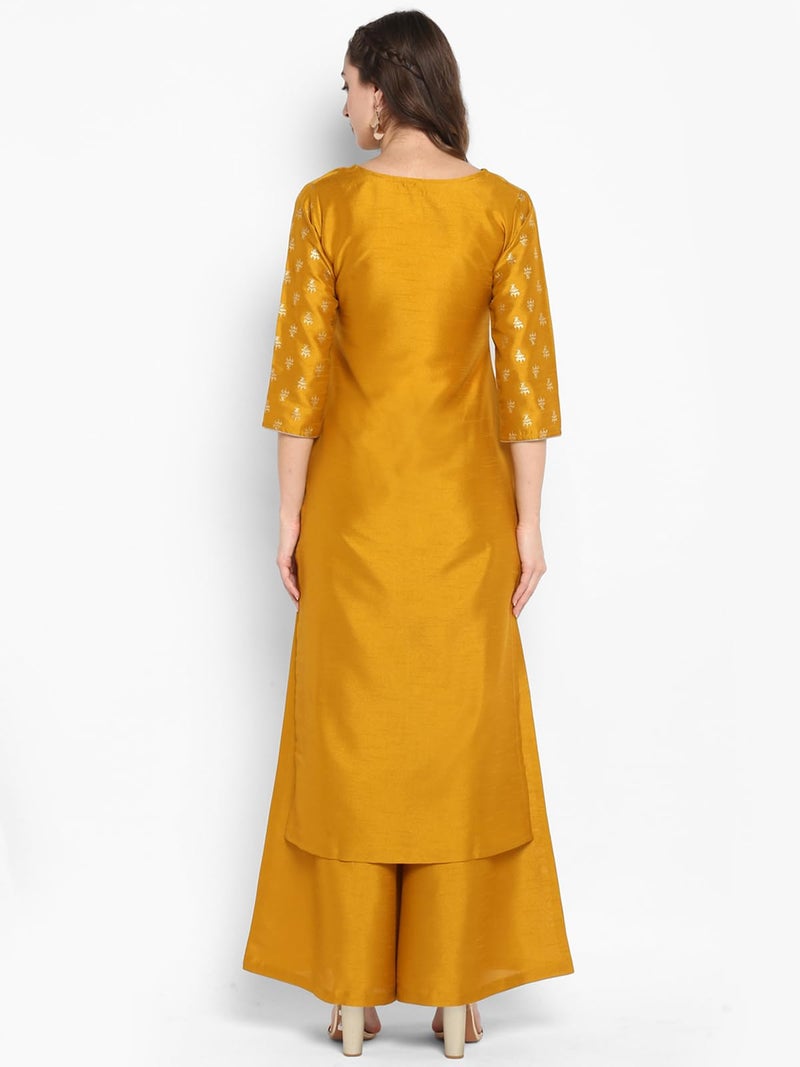Janasya Women's Mustard Silk Blend Foil Printed Kurta with Palazzo(J0003-SET-M-J) - Image 4