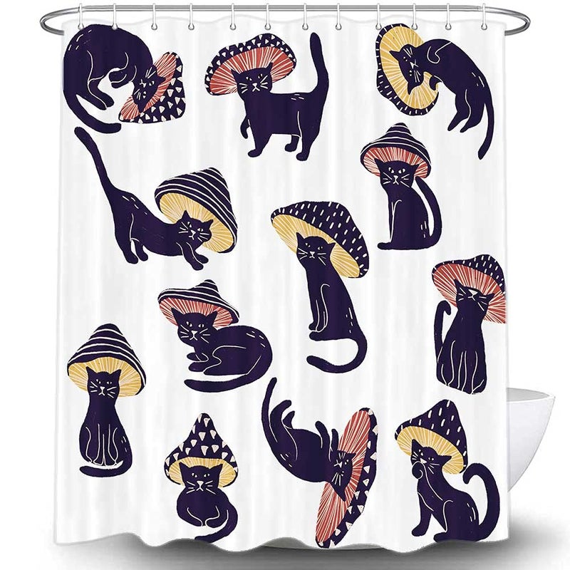 MERCHR Funny Mushroom Cat Shower Curtain for Bathroom Unique Fun Hilarious Art Fabric Shower Curtains Set Cute 70s 80s Aesthetic Kids White Restroom Decor Accessories with Hooks 72X72 Inch