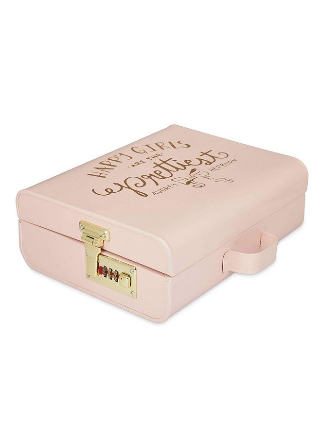Elan Elan Vintage Style Metal Briefcase Happy Girls Decorative Storage Box with Gold Accents Lockable Treasure Chest Jewelry Box and Gift Trunk for Home Décor Organizer Box for Gifting (Light Pink) - Image 1