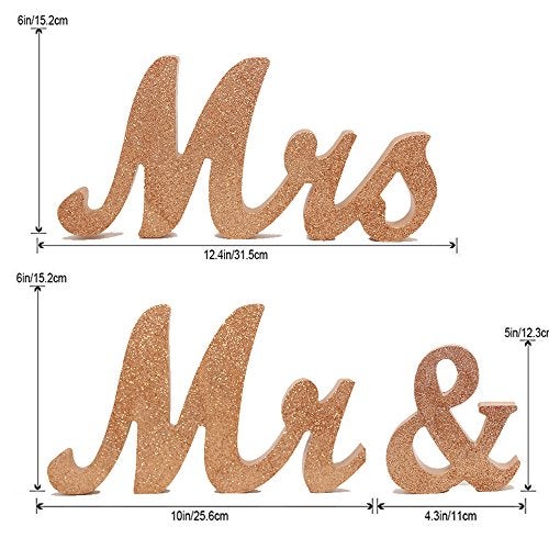 Senover Mr & Mrs Wedding Sign, Decorative Letters, Rustic Elegant, Rose Gold Glitter, 12.52" x 7.09" - Image 2