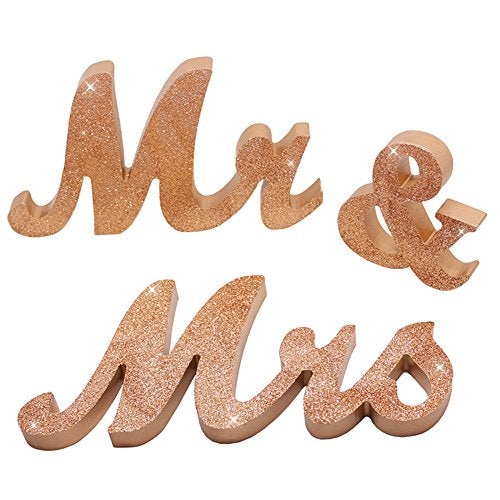 Senover Mr & Mrs Wedding Sign, Decorative Letters, Rustic Elegant, Rose Gold Glitter, 12.52" x 7.09" - Image 1