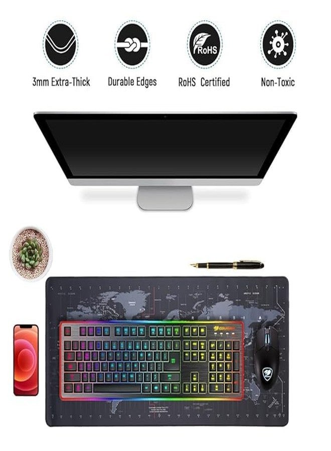 DealX Extended World Map Gaming Mouse Pad - XXL Desk Mat for Office & Gaming | Non-Slip Rubber Base, Waterproof Surface | Large Keyboard & Mouse Desk Pad (Black & Grey) - Image 2