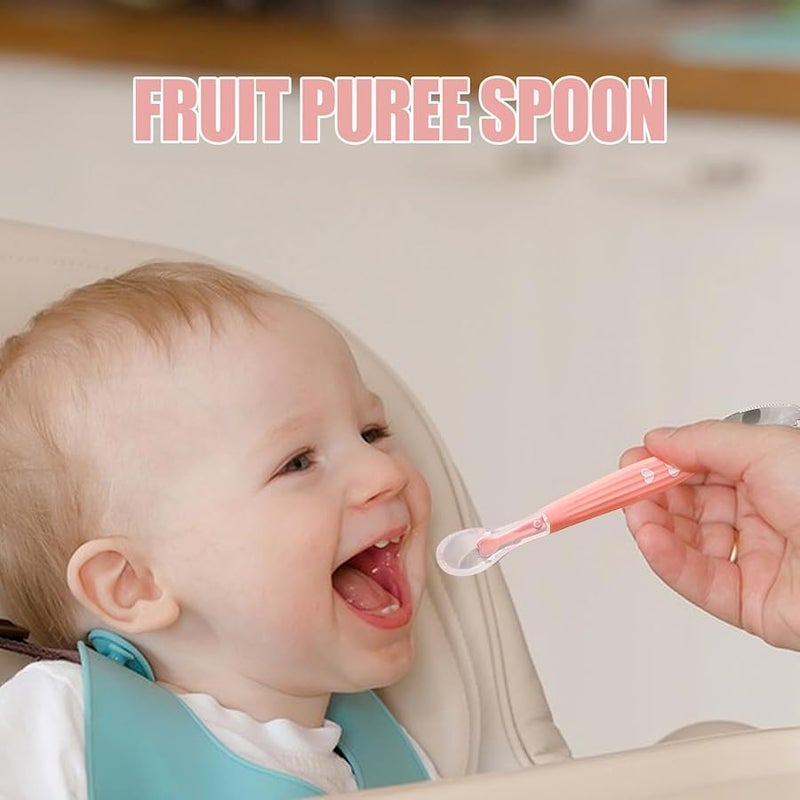 Light Pink Baby Feeding Spoon Dual Silicone Head Soft Hard Weaning Training Scraper - Image 3