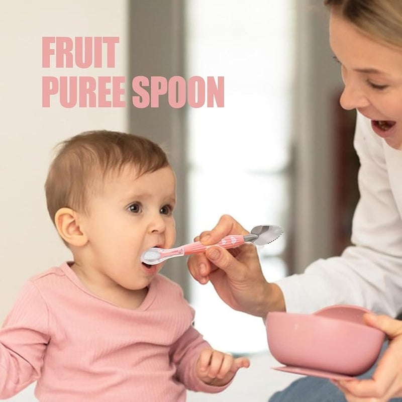 Light Pink Baby Feeding Spoon Dual Silicone Head Soft Hard Weaning Training Scraper - Image 5