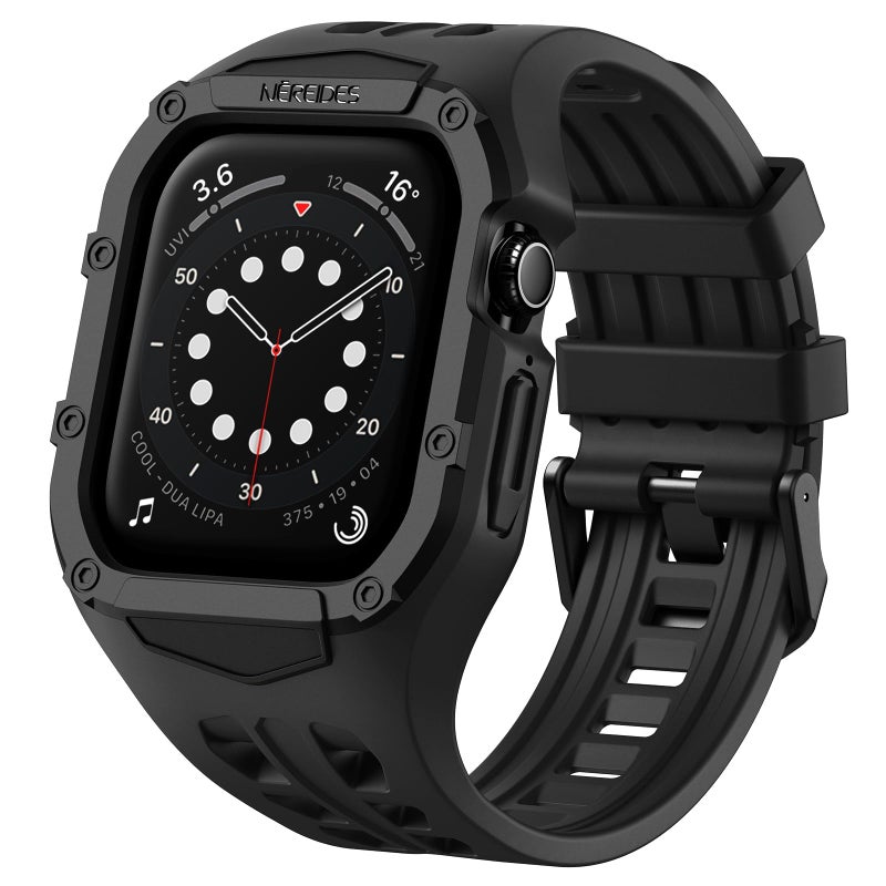 Nereides Rugged Case with Band for Apple Watch Series 9/8/7/6/5/4/SE 3/SE 2/SE 44mm/45mm, Breathable TPU Sport Strap + PC Protective Bumper, Shock-Resistant, Sweat & Water-Resistanty (Black) - Image 1