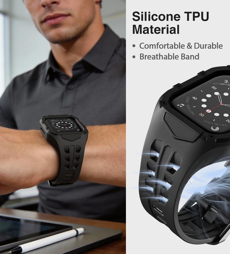 Nereides Rugged Case with Band for Apple Watch Series 9/8/7/6/5/4/SE 3/SE 2/SE 44mm/45mm, Breathable TPU Sport Strap + PC Protective Bumper, Shock-Resistant, Sweat & Water-Resistanty (Black) - Image 2