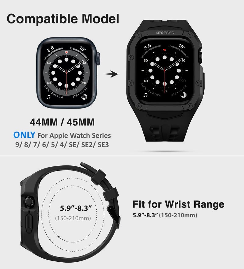 Nereides Rugged Case with Band for Apple Watch Series 9/8/7/6/5/4/SE 3/SE 2/SE 44mm/45mm, Breathable TPU Sport Strap + PC Protective Bumper, Shock-Resistant, Sweat & Water-Resistanty (Black) - Image 3