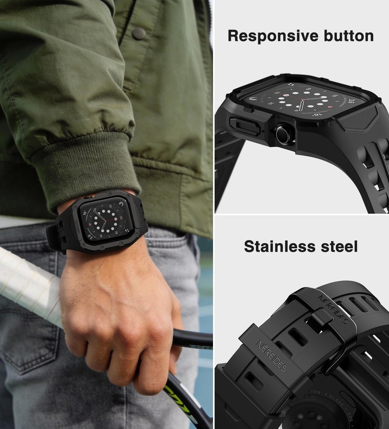 Nereides Rugged Case with Band for Apple Watch Series 9/8/7/6/5/4/SE 3/SE 2/SE 44mm/45mm, Breathable TPU Sport Strap + PC Protective Bumper, Shock-Resistant, Sweat & Water-Resistanty (Black) - Image 4