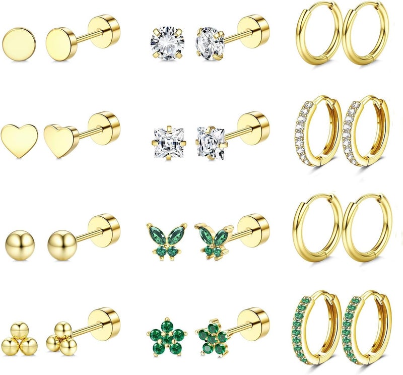 VAMA FASHIONS 18K Gold Plated Anti Tarnish Multiple Piercing Plain Bali Hoop Ear Stud Waterproof Lightweight Hypoallergenic 12 Pair Earrings Combo Set for Women & Girls - Image 1