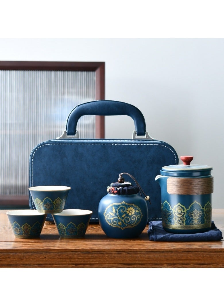 Bukela Tea set, 3 ceramic tea cups with storage bag, gold wood tea set, 3 tea cups, 1 tea caddy, 1 teapot, ideal for home, office and restaurant use - Image 1