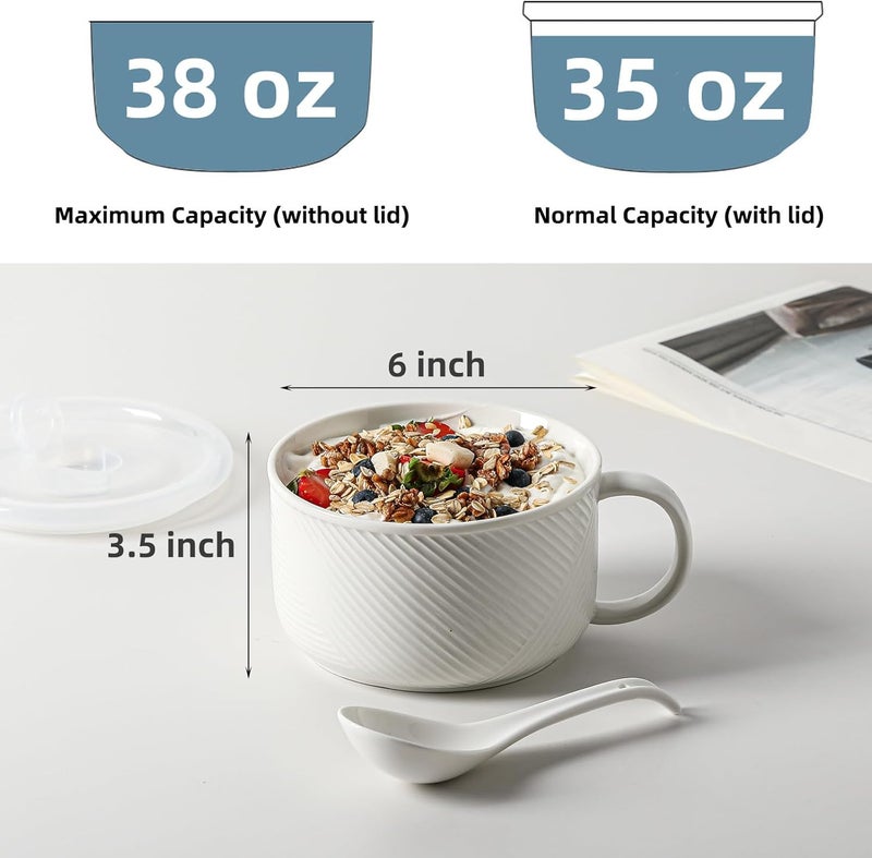 Adewnest Ceramic Soup Bowls with Lids: 38 Ounce Extra Large Soup Mug with Handle & Spoon - Oversized Microwave Ramen Bowl Set of 2, 6 Inch, White - Image 2