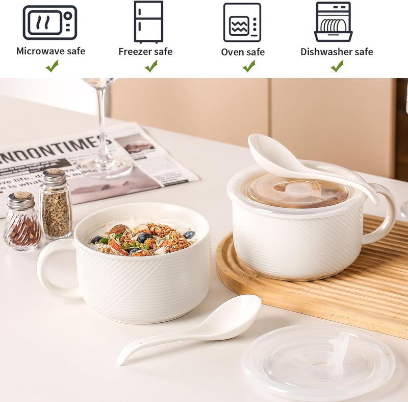 Adewnest Ceramic Soup Bowls with Lids: 38 Ounce Extra Large Soup Mug with Handle & Spoon - Oversized Microwave Ramen Bowl Set of 2, 6 Inch, White - Image 3