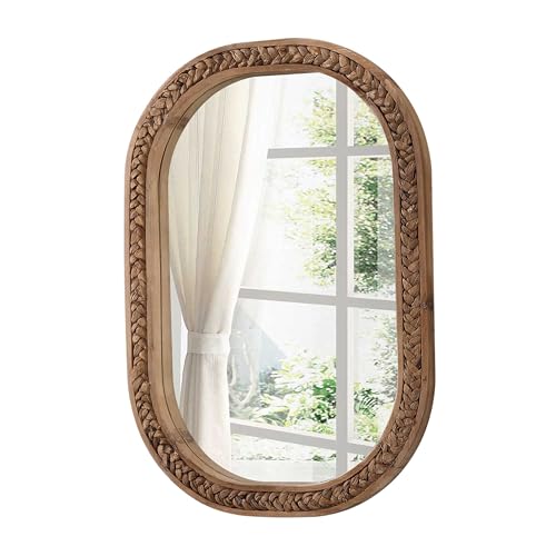 Sintosin Rustic Oval Rattan Mirrors for Wall 16 X 24 Inch, Hanging Wood Frame Mirrors for Bedroom, Handmade Unique Coastal Mirror Wall Decorative for Bathroom Entryway, Horizontal or Vertical - Image 1