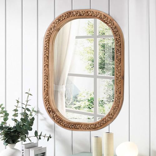 Sintosin Rustic Oval Rattan Mirrors for Wall 16 X 24 Inch, Hanging Wood Frame Mirrors for Bedroom, Handmade Unique Coastal Mirror Wall Decorative for Bathroom Entryway, Horizontal or Vertical - Image 4