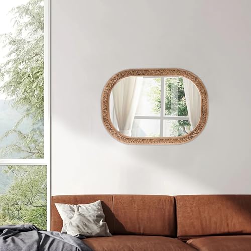 Sintosin Rustic Oval Rattan Mirrors for Wall 16 X 24 Inch, Hanging Wood Frame Mirrors for Bedroom, Handmade Unique Coastal Mirror Wall Decorative for Bathroom Entryway, Horizontal or Vertical - Image 3