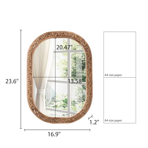 Sintosin Rustic Oval Rattan Mirrors for Wall 16 X 24 Inch, Hanging Wood Frame Mirrors for Bedroom, Handmade Unique Coastal Mirror Wall Decorative for Bathroom Entryway, Horizontal or Vertical - Image 2