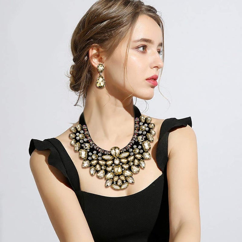 Flyonce Costume Jewelry for Women, Rhinestone Crystal Statement Necklace Earrings Set Brown - Image 3