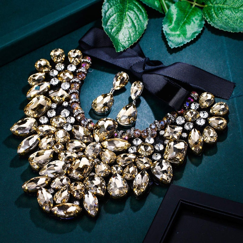 Flyonce Costume Jewelry for Women, Rhinestone Crystal Statement Necklace Earrings Set Brown - Image 4