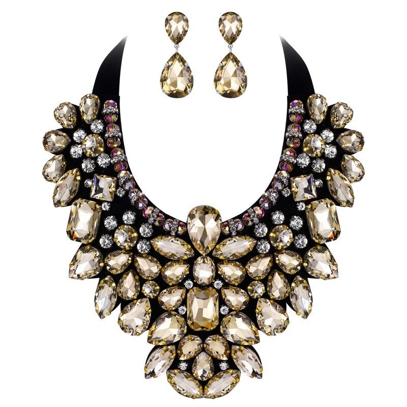 Flyonce Costume Jewelry for Women, Rhinestone Crystal Statement Necklace Earrings Set Brown - Image 1