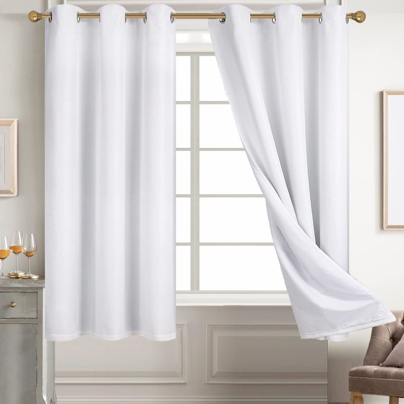 Diraysid 100 Blackout Curtains White Linen Curtains for Bedroom Grommet Thermal Insulated Room Darkening Drapes 2 Panels W38 x L63 Inch